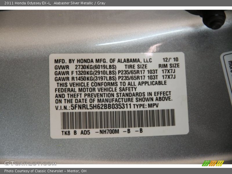 Alabaster Silver Metallic / Gray 2011 Honda Odyssey EX-L