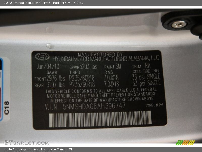 Radiant Silver / Gray 2010 Hyundai Santa Fe SE 4WD