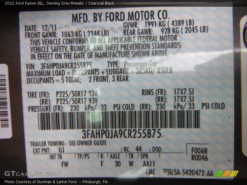Sterling Grey Metallic / Charcoal Black 2012 Ford Fusion SEL