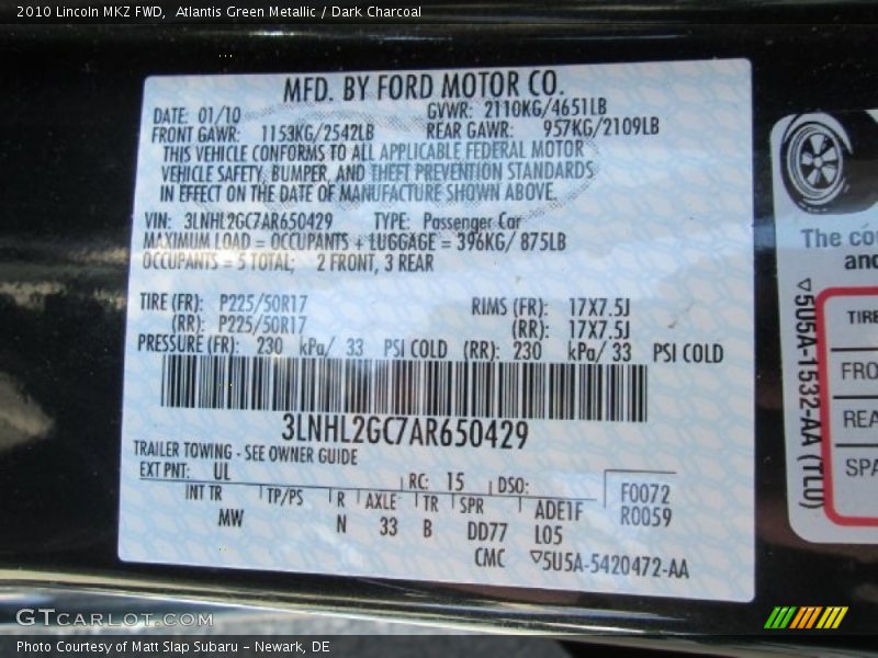 2010 MKZ FWD Atlantis Green Metallic Color Code UL