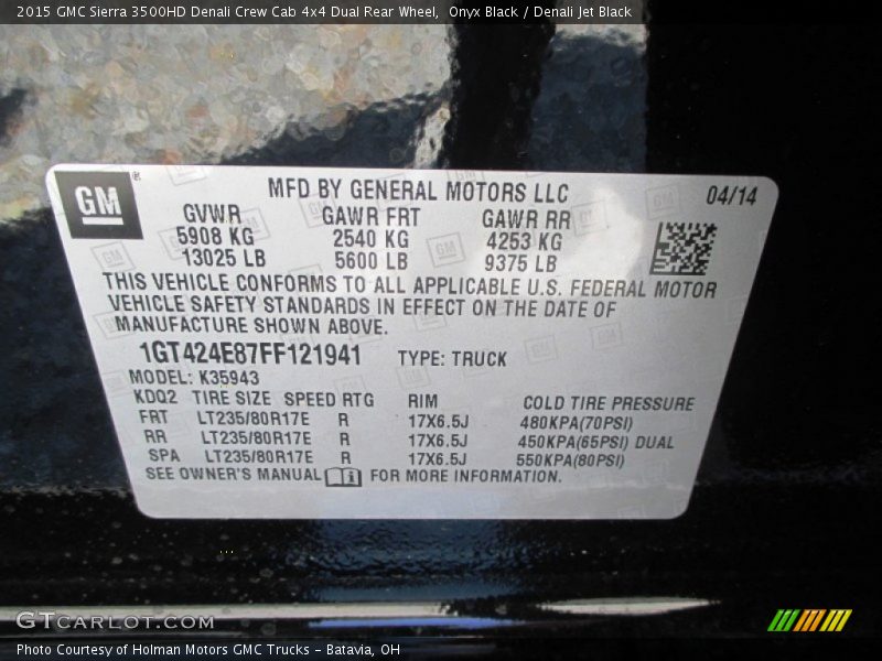 Info Tag of 2015 Sierra 3500HD Denali Crew Cab 4x4 Dual Rear Wheel