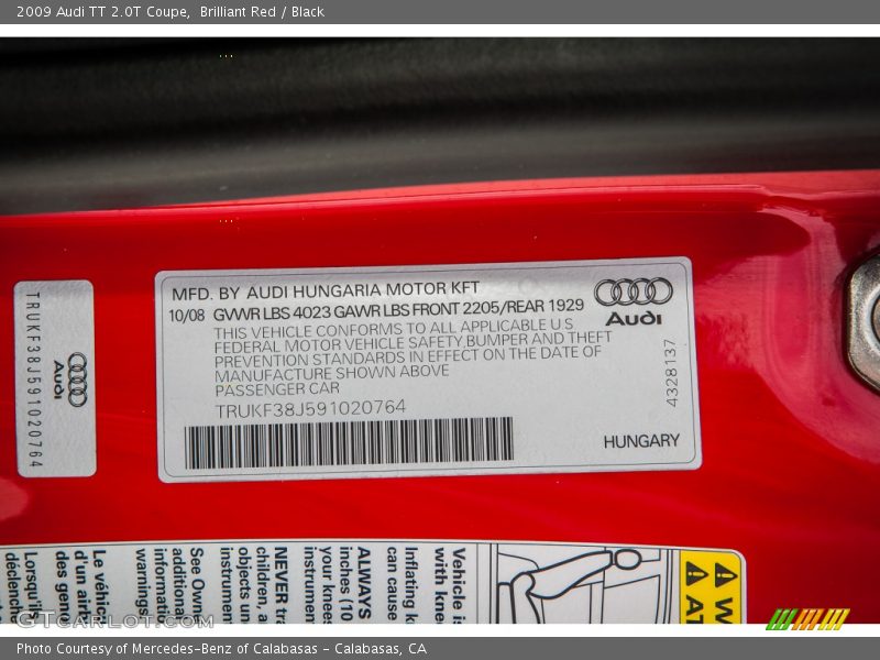 Brilliant Red / Black 2009 Audi TT 2.0T Coupe