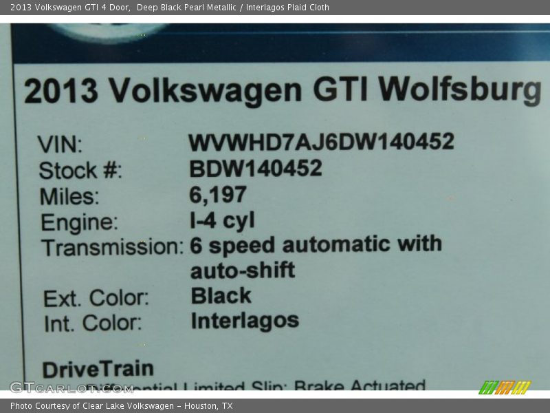 Deep Black Pearl Metallic / Interlagos Plaid Cloth 2013 Volkswagen GTI 4 Door