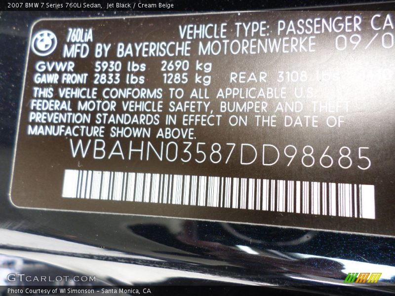 Jet Black / Cream Beige 2007 BMW 7 Series 760Li Sedan
