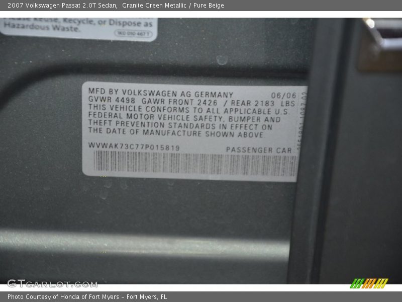 Granite Green Metallic / Pure Beige 2007 Volkswagen Passat 2.0T Sedan