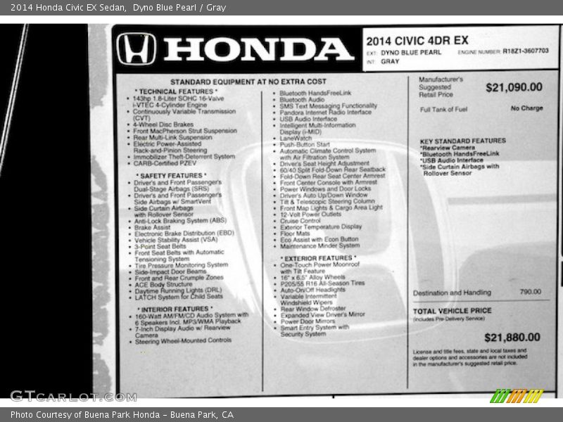 Dyno Blue Pearl / Gray 2014 Honda Civic EX Sedan