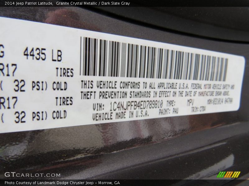 2014 Patriot Latitude Granite Crystal Metallic Color Code PAU