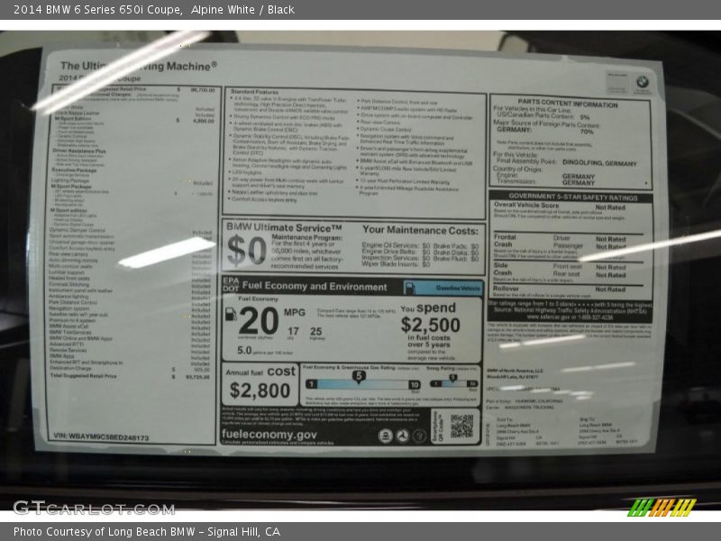  2014 6 Series 650i Coupe Window Sticker
