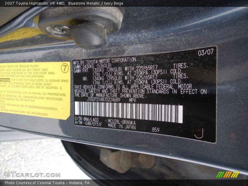 Bluestone Metallic / Ivory Beige 2007 Toyota Highlander V6 4WD