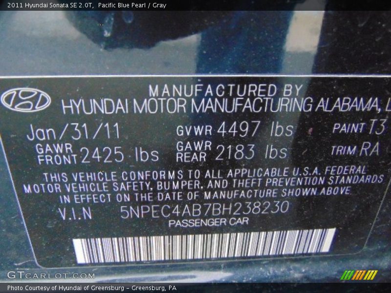 Pacific Blue Pearl / Gray 2011 Hyundai Sonata SE 2.0T