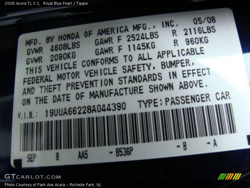 Royal Blue Pearl / Taupe 2008 Acura TL 3.2