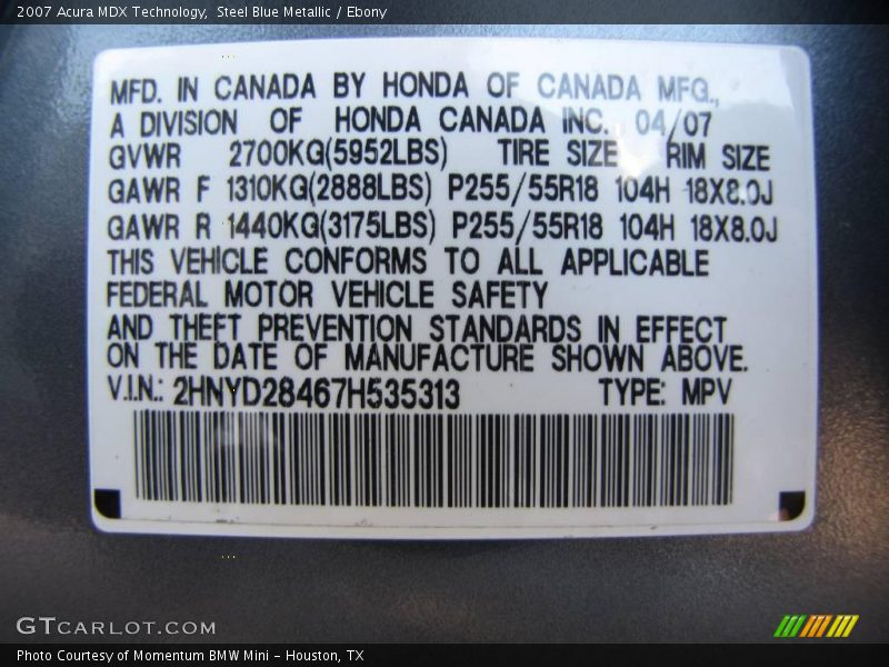 Steel Blue Metallic / Ebony 2007 Acura MDX Technology