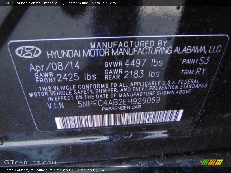 Phantom Black Metallic / Gray 2014 Hyundai Sonata Limited 2.0T