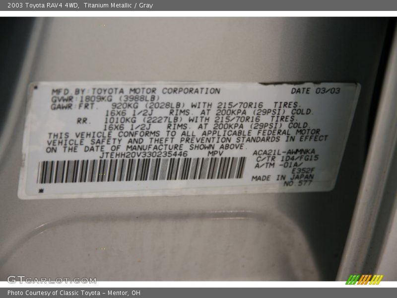 2003 RAV4 4WD Titanium Metallic Color Code 1D4
