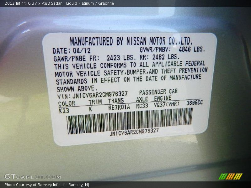 Liquid Platinum / Graphite 2012 Infiniti G 37 x AWD Sedan