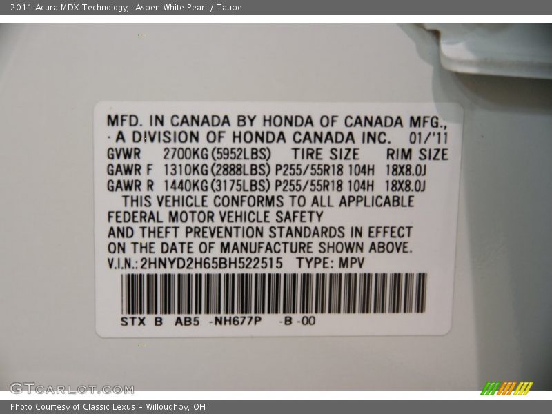 Aspen White Pearl / Taupe 2011 Acura MDX Technology