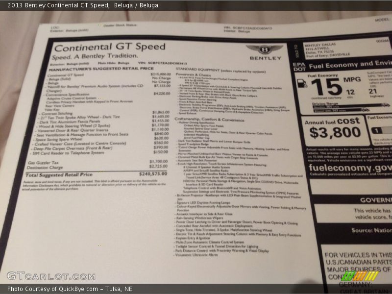  2013 Continental GT Speed Window Sticker