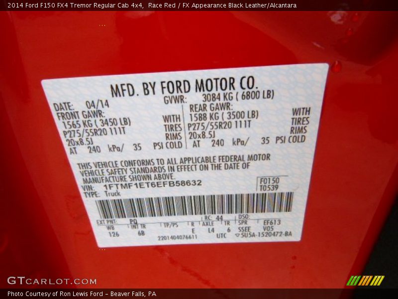 2014 F150 FX4 Tremor Regular Cab 4x4 Race Red Color Code PQ