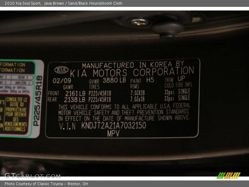 Java Brown / Sand/Black Houndstooth Cloth 2010 Kia Soul Sport