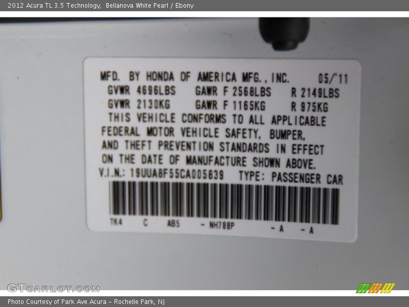 Bellanova White Pearl / Ebony 2012 Acura TL 3.5 Technology