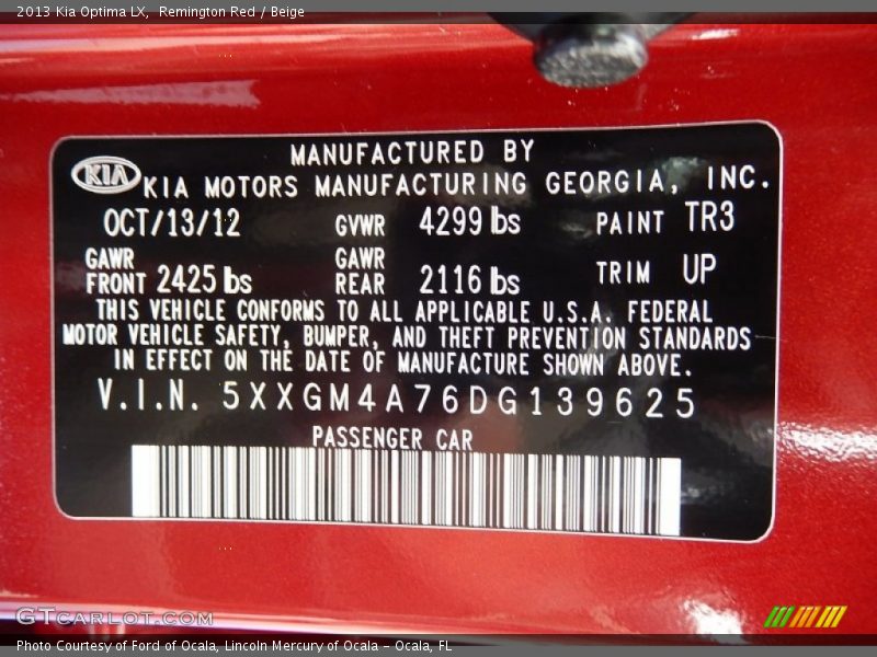 2013 Optima LX Remington Red Color Code TR3
