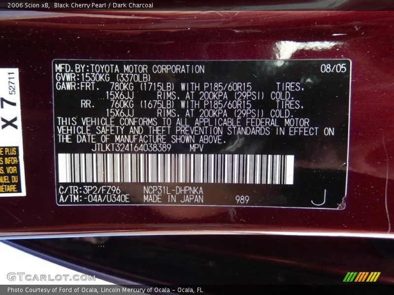 2006 xB  Black Cherry Pearl Color Code 3P2