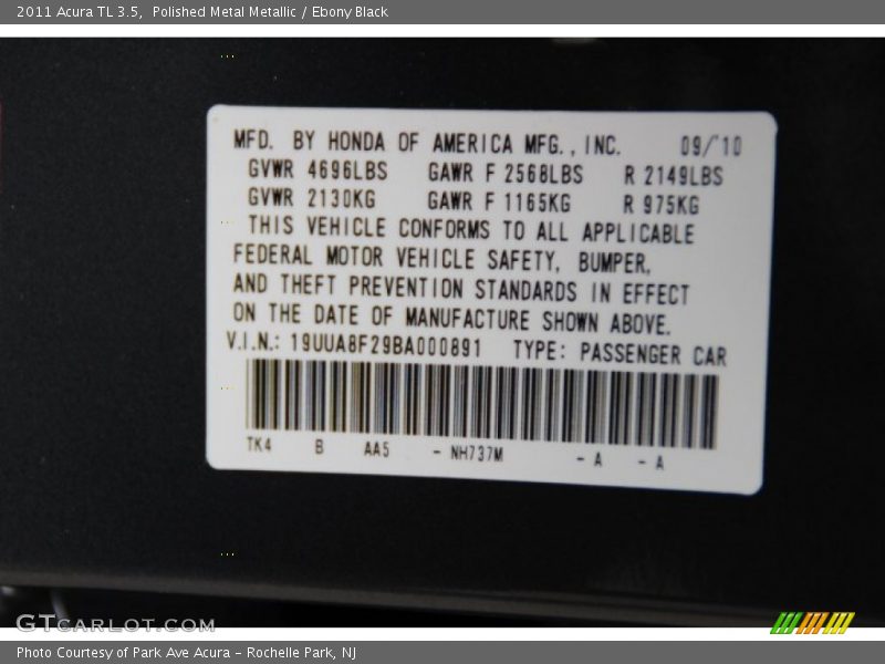 Polished Metal Metallic / Ebony Black 2011 Acura TL 3.5