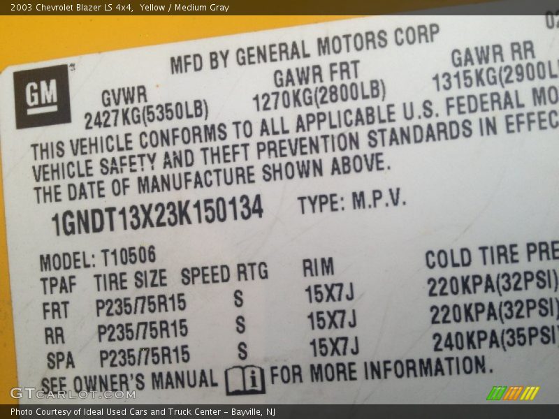 Yellow / Medium Gray 2003 Chevrolet Blazer LS 4x4