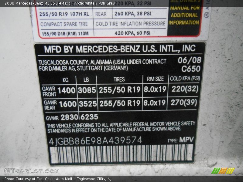 Arctic White / Ash Grey 2008 Mercedes-Benz ML 350 4Matic