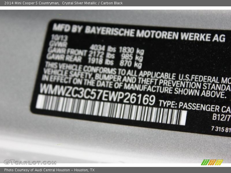Crystal Silver Metallic / Carbon Black 2014 Mini Cooper S Countryman