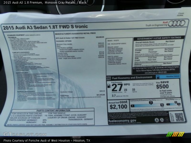 Monsoon Gray Metallic / Black 2015 Audi A3 1.8 Premium
