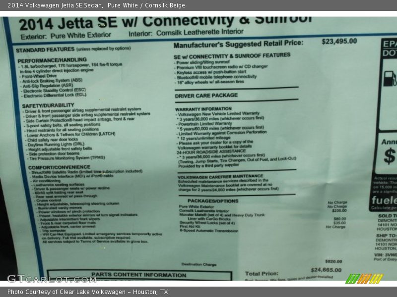 Pure White / Cornsilk Beige 2014 Volkswagen Jetta SE Sedan