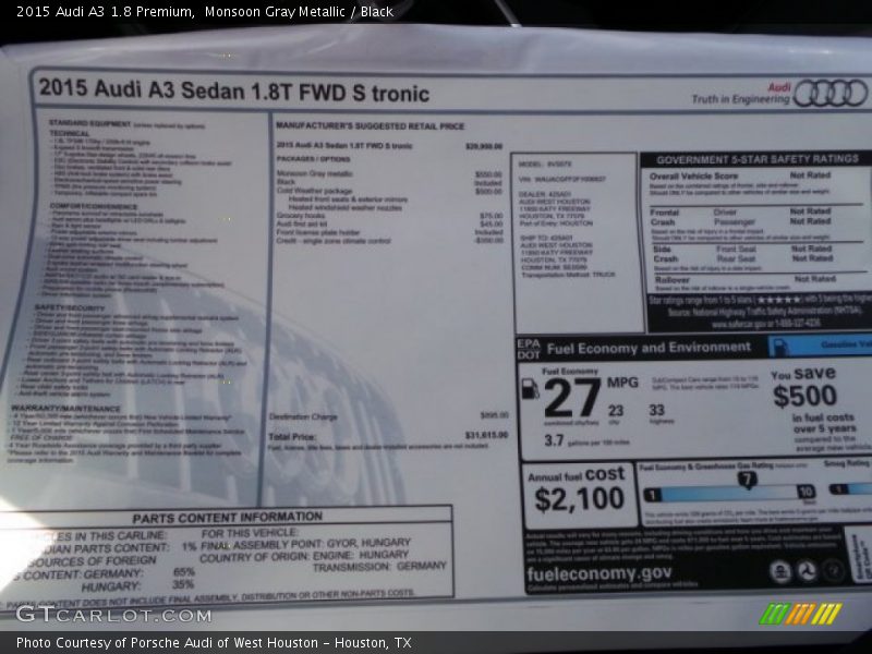 Monsoon Gray Metallic / Black 2015 Audi A3 1.8 Premium