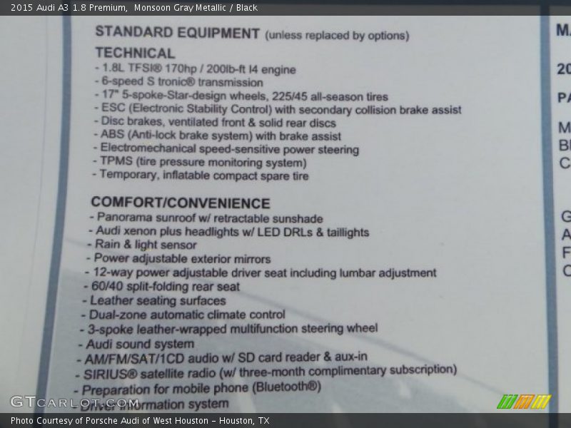 Monsoon Gray Metallic / Black 2015 Audi A3 1.8 Premium