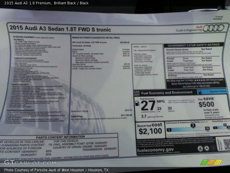 Brilliant Black / Black 2015 Audi A3 1.8 Premium