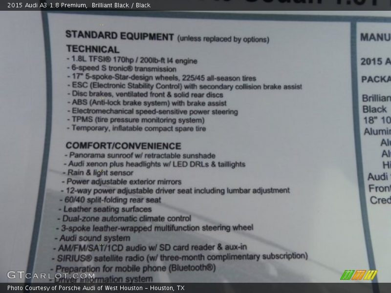 Brilliant Black / Black 2015 Audi A3 1.8 Premium
