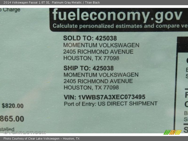 Platinum Gray Metallic / Titan Black 2014 Volkswagen Passat 1.8T SE