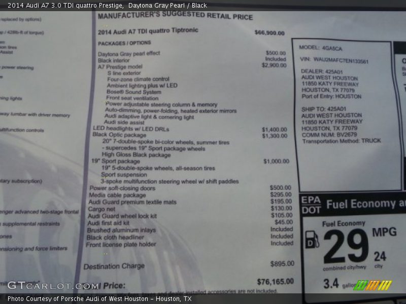  2014 A7 3.0 TDI quattro Prestige Window Sticker