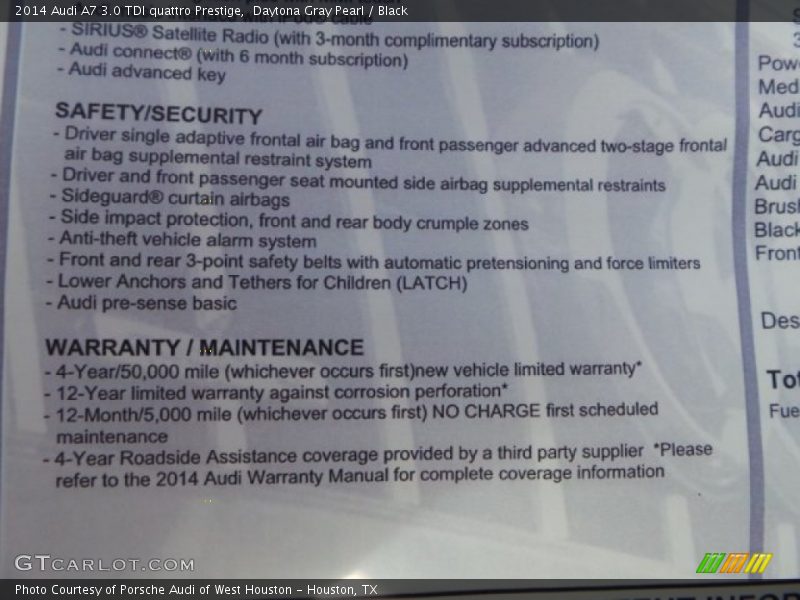  2014 A7 3.0 TDI quattro Prestige Window Sticker