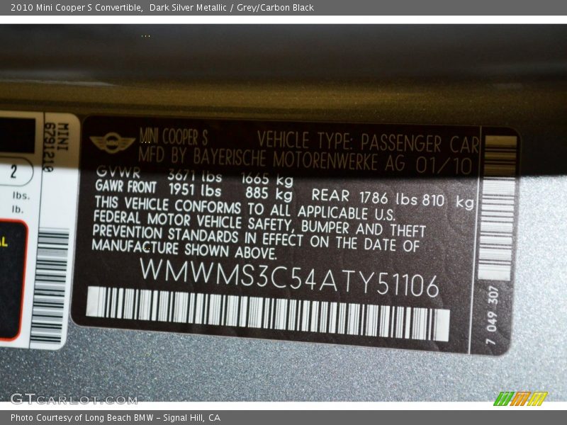 Dark Silver Metallic / Grey/Carbon Black 2010 Mini Cooper S Convertible