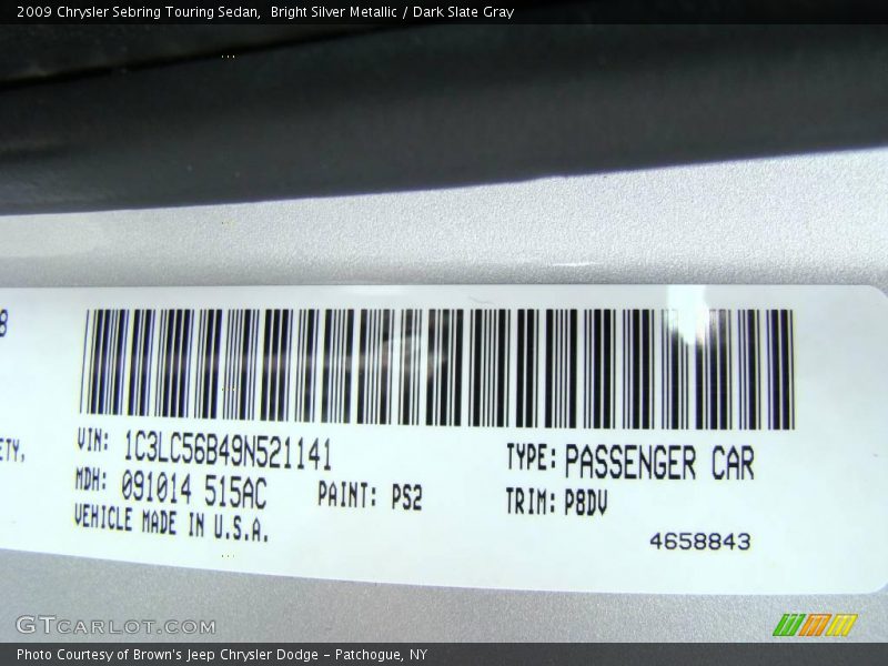 Bright Silver Metallic / Dark Slate Gray 2009 Chrysler Sebring Touring Sedan