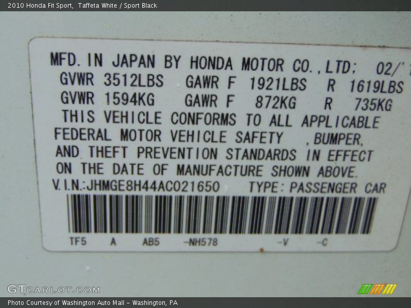 Taffeta White / Sport Black 2010 Honda Fit Sport