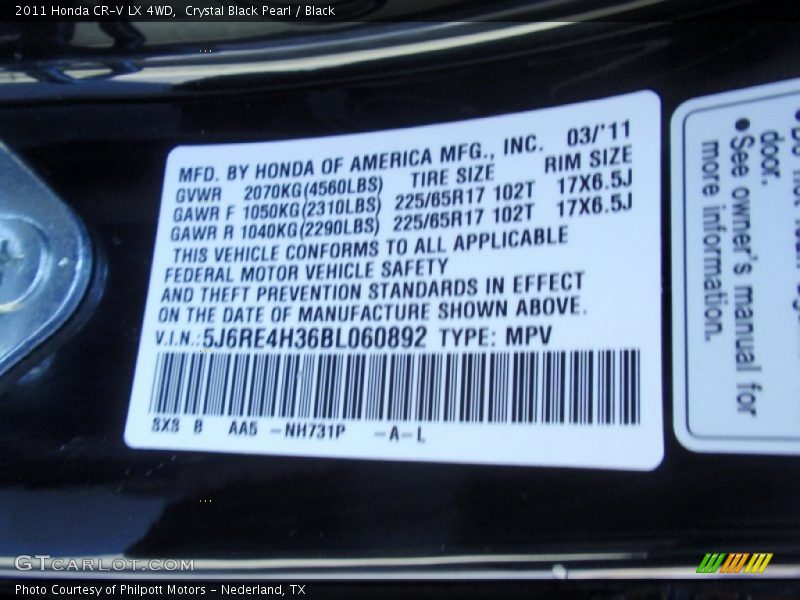 Crystal Black Pearl / Black 2011 Honda CR-V LX 4WD
