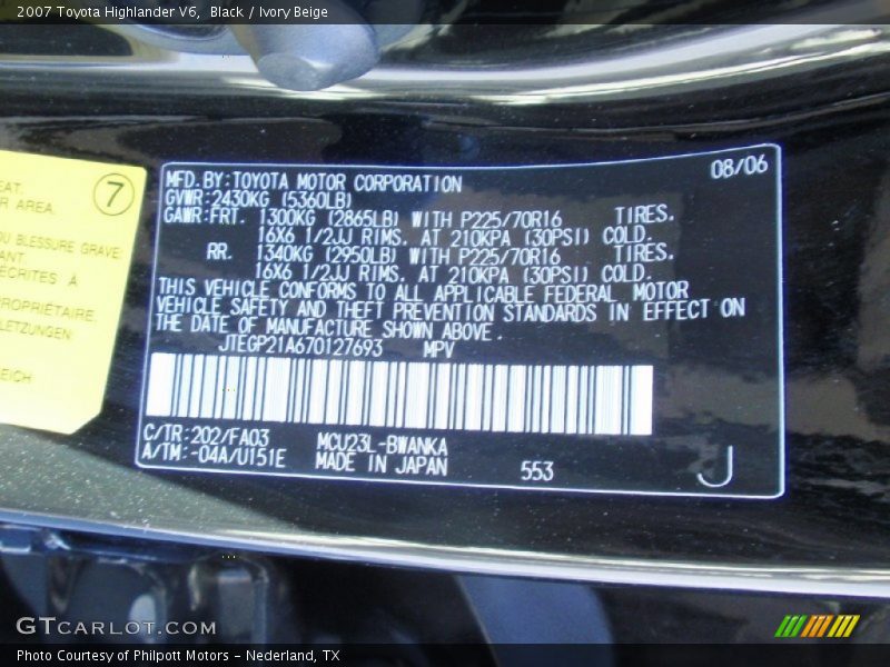 Black / Ivory Beige 2007 Toyota Highlander V6