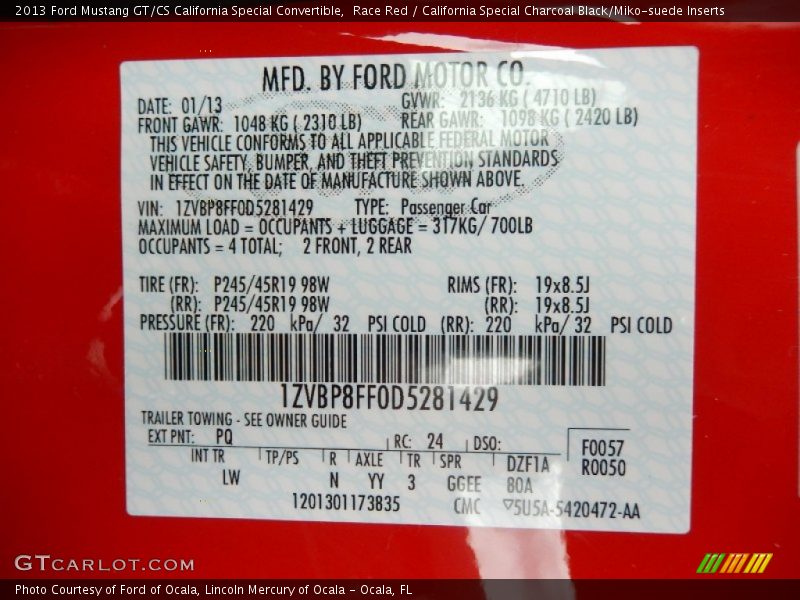 2013 Mustang GT/CS California Special Convertible Race Red Color Code PQ