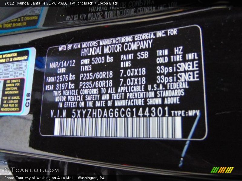 Twilight Black / Cocoa Black 2012 Hyundai Santa Fe SE V6 AWD