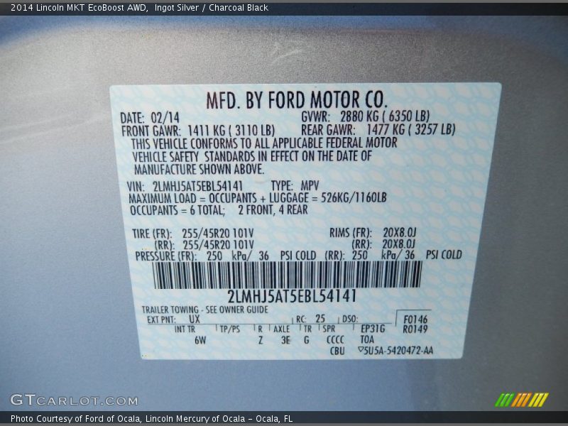 2014 MKT EcoBoost AWD Ingot Silver Color Code UX