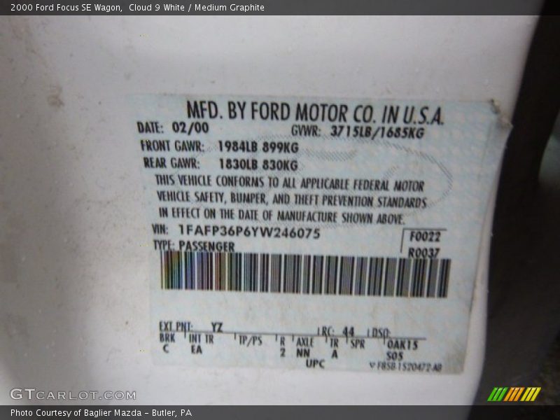 2000 Focus SE Wagon Cloud 9 White Color Code YZ