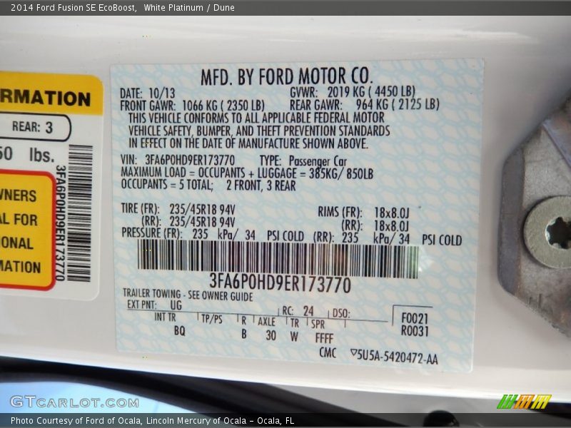 White Platinum / Dune 2014 Ford Fusion SE EcoBoost