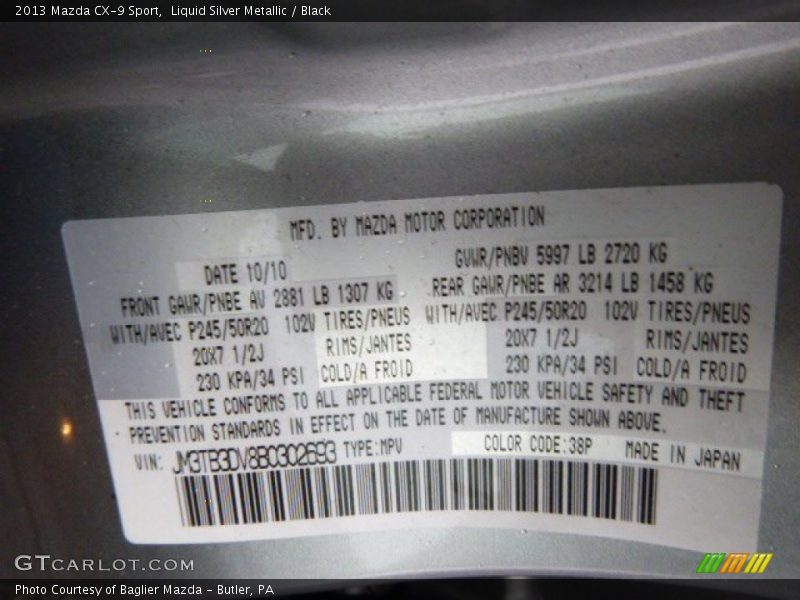 2013 CX-9 Sport Liquid Silver Metallic Color Code 38P